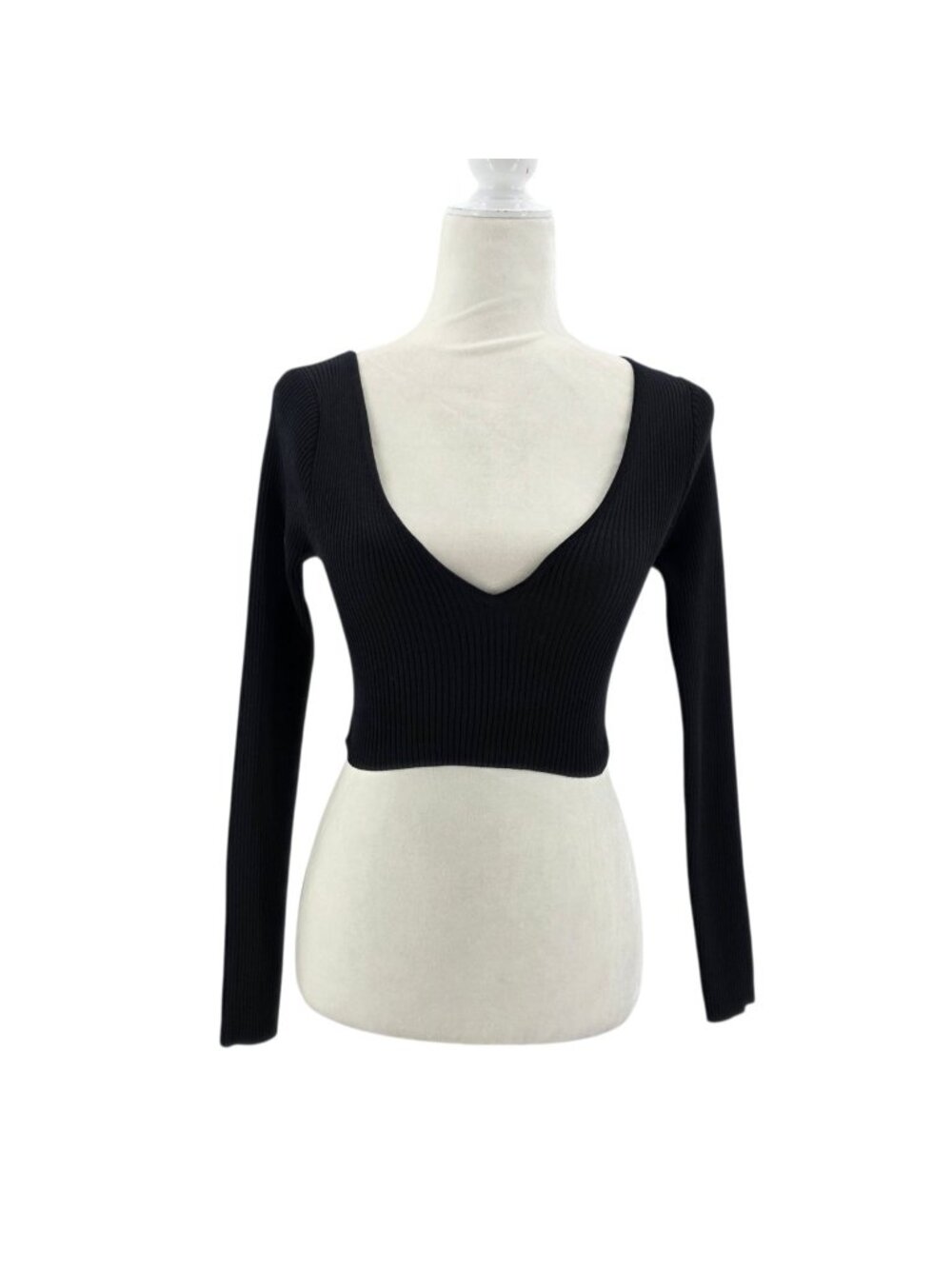 JLUXLABEL Womens Small Top Cropped Fitted Ribbed Knit Black Plunge V Neck Party